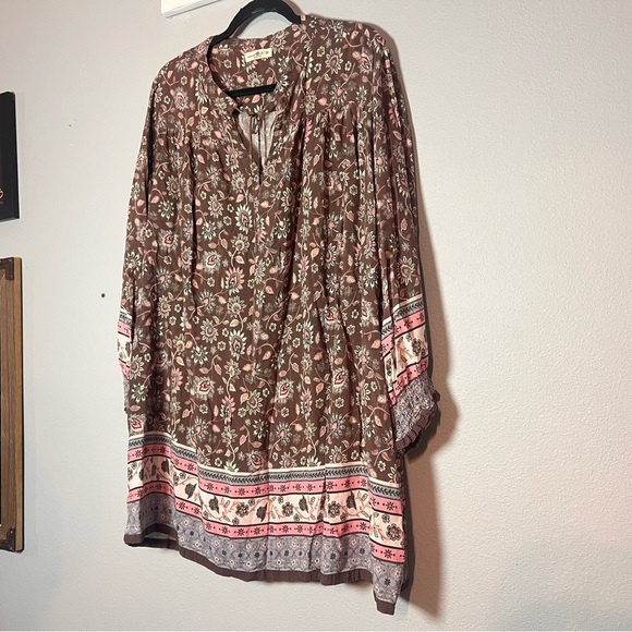 Natural Life Mini Dress Tunic Floral Brown Pink Boho Size Medium - Picture 2 of 10